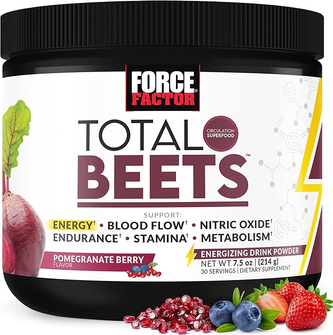 Force Factor Total Beets Energy Drink Mix, Superfood Beet Root Powder with Nitrates to Boost Energy and Support Circulation, Blood Flow, Nitric Oxide and Stamina, Heart Health Supplement, 30 Servings