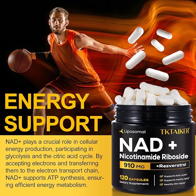 TKTALKER NAD Supplement, 910MG Liposomal Nicotinamide Riboside with Resveratrol & Quercetin, Anti-Aging, Cellular Energy, Mental Focus & Stamina & Healthy, Women & Men, 120 Capsules