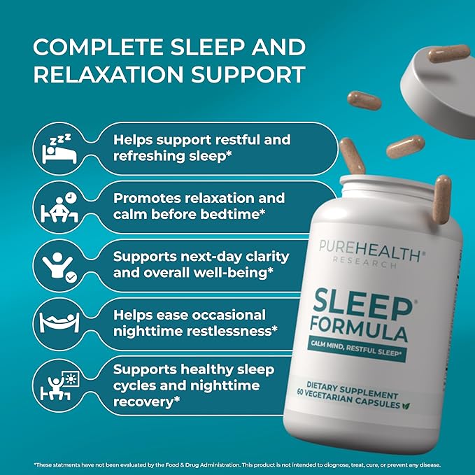 PUREHEALTH Research Sleep Formula - Natural Sleep Support Supplement for Adults - for Restfulness & Relaxation - with Melatonin, Valerian Root, GABA, L-Theanine, Lemon Balm, Hops & More - 60 Capsules