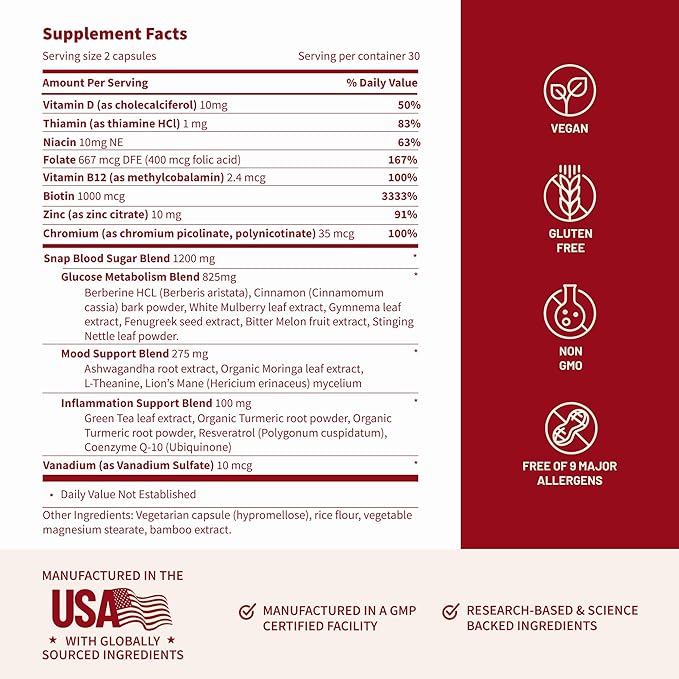 Snap Supplements Blood Sugar Blend with Berberine, CoQ10, Cinnamon, and Gymnema to Support Already Healthy Blood Sugar, Metabolic Health and Energy, Sugar Free, 60 Capsules (Packaging May Vary)