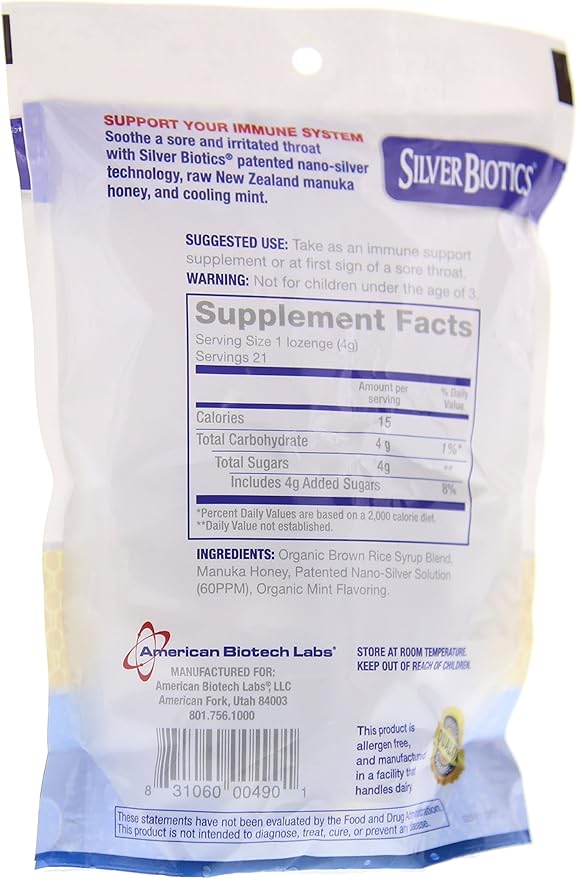 American Biotech Labs Silver Biotics Silver Lozenges w/60ppm SilverSol and Manuka Honey, Mighty Manuka Mint (21 Count) (2 Pack)