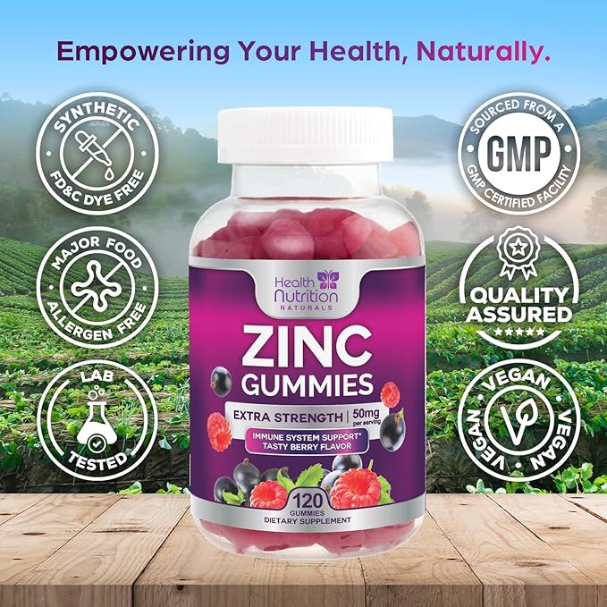 Zinc Gummies 50mg per Serving - Extra Strength Immune Support Antioxidant Gummy, Non-GMO & Gluten Free - Best Zinc Supplement for Skin Bone & Heart Health - Chewable Tasty Berry Flavor - 120 Gummies