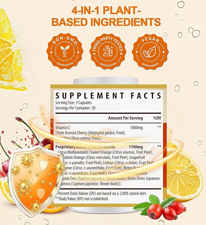 Vitamin C with Bioflavonoids Supplement for Immunity* & Antioxidant & Skin - Blend of VIT C 1000mg and Citrus Bioflavonoids 1100mg, Non-Acidic Acerola Cherry Vitamin C, Vegan, 180 Capsules