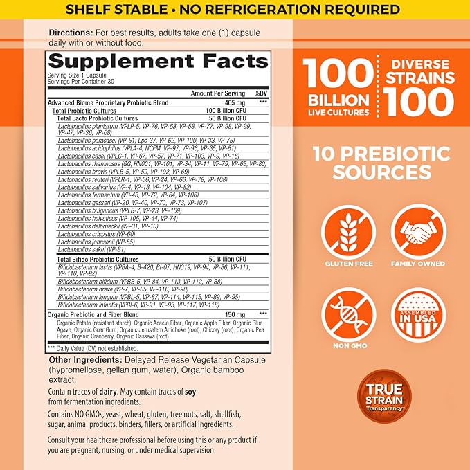 Vital Planet - Vital Flora Advanced Probiotic 100 Billion CFU, 100 Diverse Strains, 10 Organic Prebiotics, Immune Support, Digestive Health Shelf Stable Probiotics for Women and Men 30 Capsules