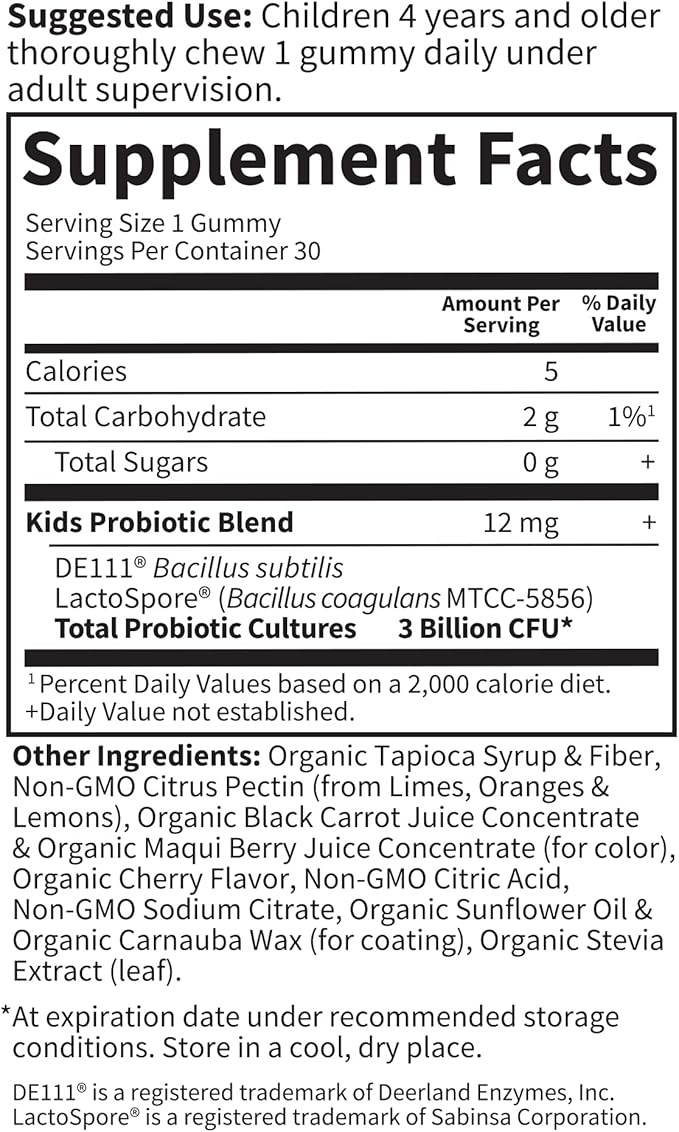 Garden of Life Kids Probiotic 3 Billion CFU, Cherry Flavor Gummies - Sugar Free Once Daily Probiotics for Kids, Probiotics plus Fiber for Children's Digestive & Immune Health, 30 Vegetarian Gummies