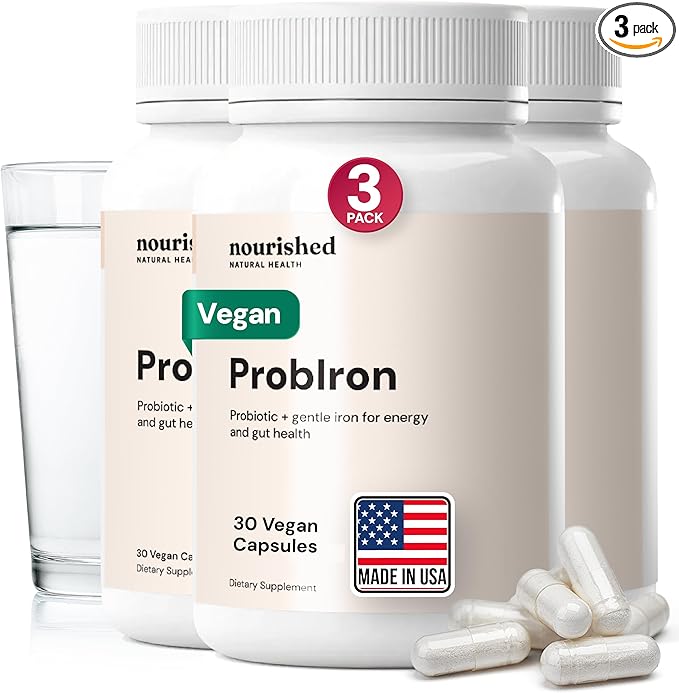 Nourished Natural Health ProbIron - Women's Probiotic + Iron Supplement Boosted with Vitamin C and Copper - Vegan Formula for Energy and Digestive Wellness - 90 Capsules