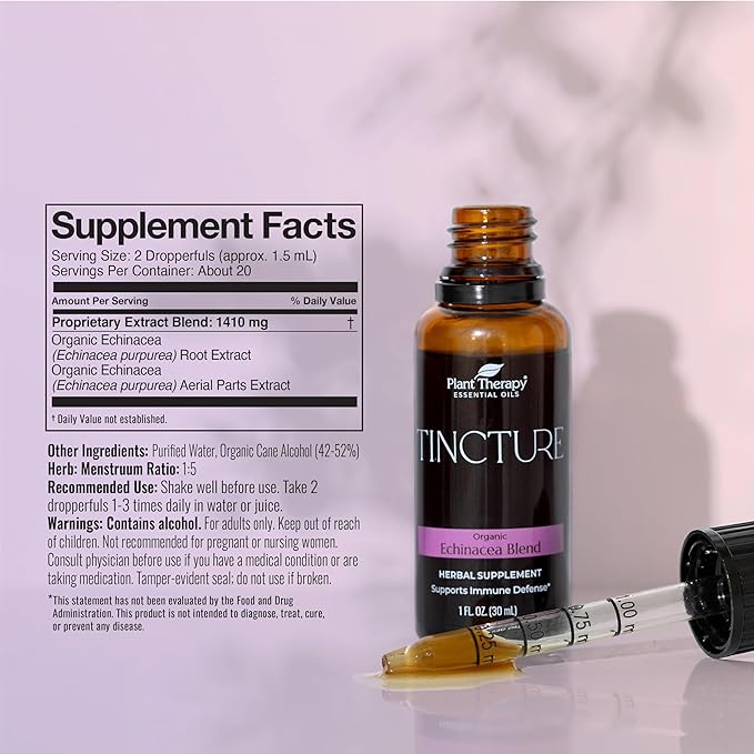 Plant Therapy Organic Echinacea 50/50 Blend Herbal Supplement Tincture 30 mL (1 oz) Supports Immune Defense, Encourages Healthy Looking Skin, Vegan, Non GMO, Gluten Free, Liquid, 1 Bottle