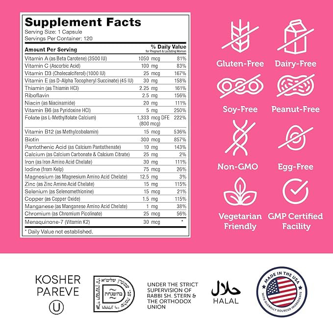 Zahler - Total One Prenatal Vitamins for Women (120 Count) Daily Multi Vitamin Prenatals with Folic Acid, Iron, Zinc & 19 Other Essential Vitamins & Minerals - Kosher Pre Natal Multivitamin Capsules