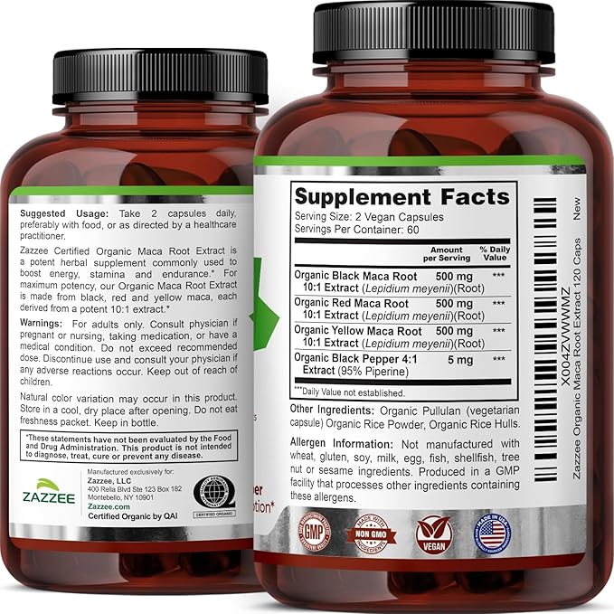 Zazzee USDA Organic Maca Root 10:1 Extract, Red, Black & Yellow Maca, 1500 mg per Serving, 120 Vegan Capsules, Black Pepper Extract, 2 Month Supply, Energy & Stamina Support, Non-GMO, Made in the USA