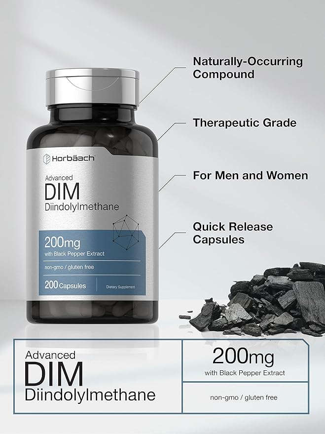 Horbäach DIM Supplement | 200mg | 200 Capsules | Diindolylmethane with Black Pepper Extract | Non-GMO, Gluten Free Formula