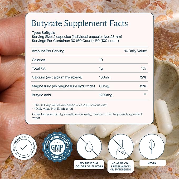 BodyBio Butyrate - Postbiotic for Gut Health, Digestive Support, Bloat, Gas & Constipation Relief, Leaky Gut Repair - Calcium, Magnesium + Butyric Acid Supplement for GI Wellness