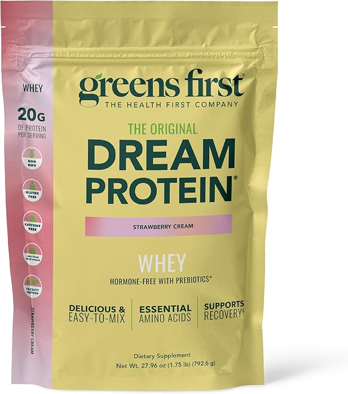 Greens First Dream Protein Powder Whey - 20g Protein per Serving - Hormone-Free with Prebiotics - Non-GMO - No Artificial Sweeteners/MSG/Aspartame - Strawberry Cream - 27.96 oz