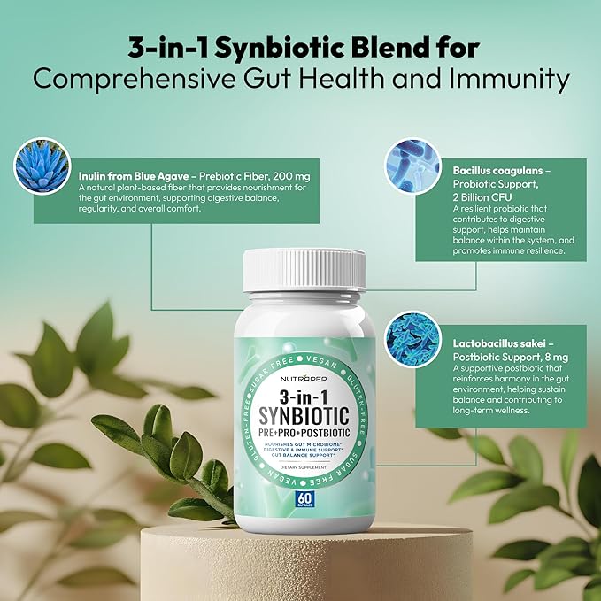 NutraPep Synbiotics Probiotic Prebiotic Postbiotic - Daily Gut Health Support with Pre Pro & Post Biotics for Men Women - Digestive & Immune Support Balance Synbiotic Supplement - Vegan Gluten Free