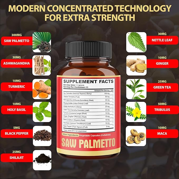 Premium Saw Palmetto Capsules - Combined with Ashwagandha, Turmeric, Tribulus, Maca, Green Tea, Ginger, Holy Basil & More - 90 Capsules 3-Month Supply