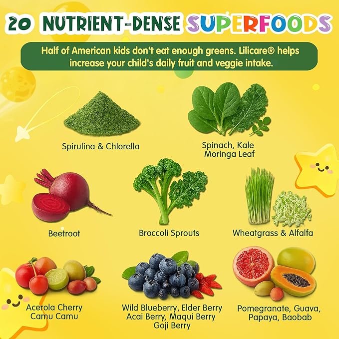 Kids Super Greens Gummies, Superfood Multivitamin for Kids, 30 Veggie, Fruit, Vitamin, Mineral, Probiotic, Kids Vitamin Gummies for Growth, Immunity, Digestion, Picky Eater Approved, Sugar Free 2Pack