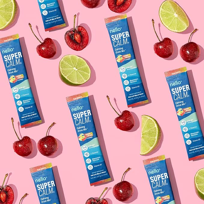 Nello Supercalm Powdered Drink Mix, Cortisol Reducer* and Sleep Aid Supplement, L Theanine, Ksm-66 Ashwagandha, Magnesium Glycinate, Vitamin D 3, No Sugar, Non GMO, On The Go, 20 Ct, Cherry Limeade