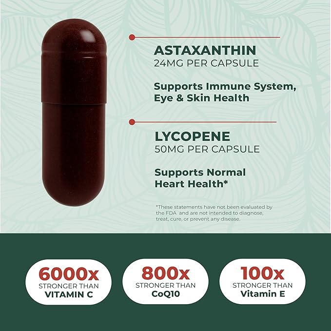 PurePremium Astaxanthin Supplements - Astaxanthin 24mg with Lycopene 50mg Antioxidants Supplement for Skin & Eye Health, & Immune System Support – Non-GMO - 60 Count, 2 Month Supply