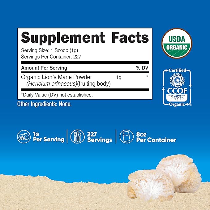 Nutricost Organic Lion's Mane Mushroom Powder (8 oz) - 227 Servings, Certified USDA Organic Supplement
