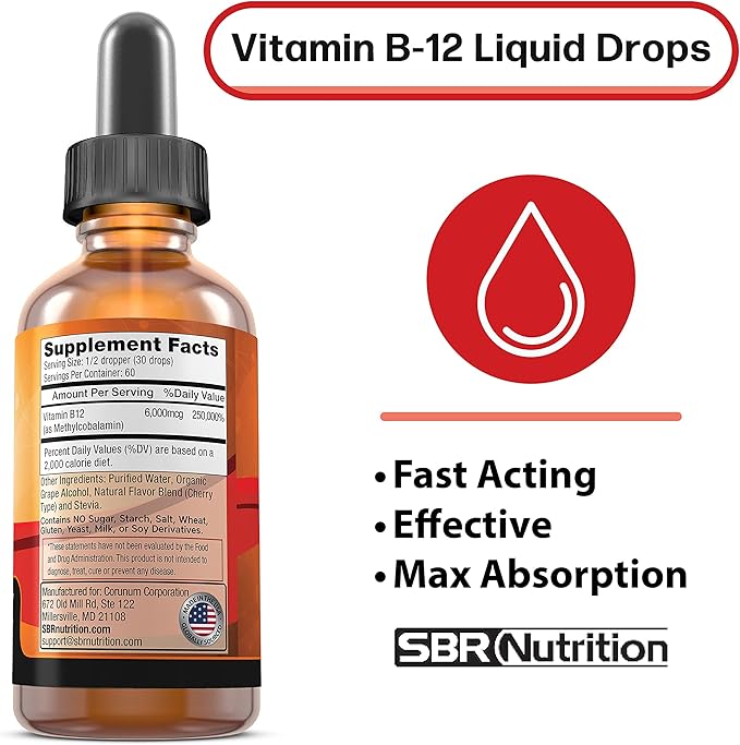 SBR Nutrition Extra Strength 6000mcg Vitamin B12 Sublingual Liquid Drops - Methylcobalamin, VIT B 12 Supports Energy, Max Absorption, 60 Servings, Non-GMO, Vegan Friendly, Manufactured in The USA