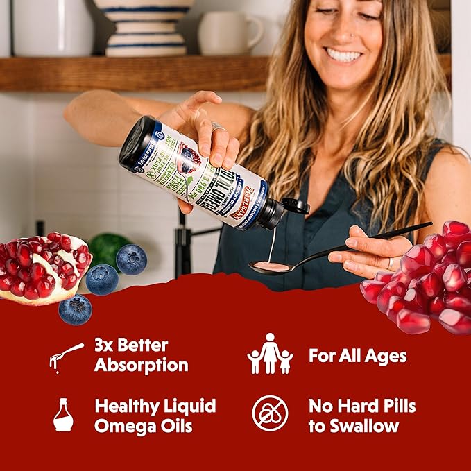 Barlean's Vegan Omega 3 6 9 Flaxseed, Borage and Algae Oil Liquid Supplement, Pomegranate Blueberry, 3,980 mg GLA, EPA and DHA Fatty Acid, Vegan, 16 oz