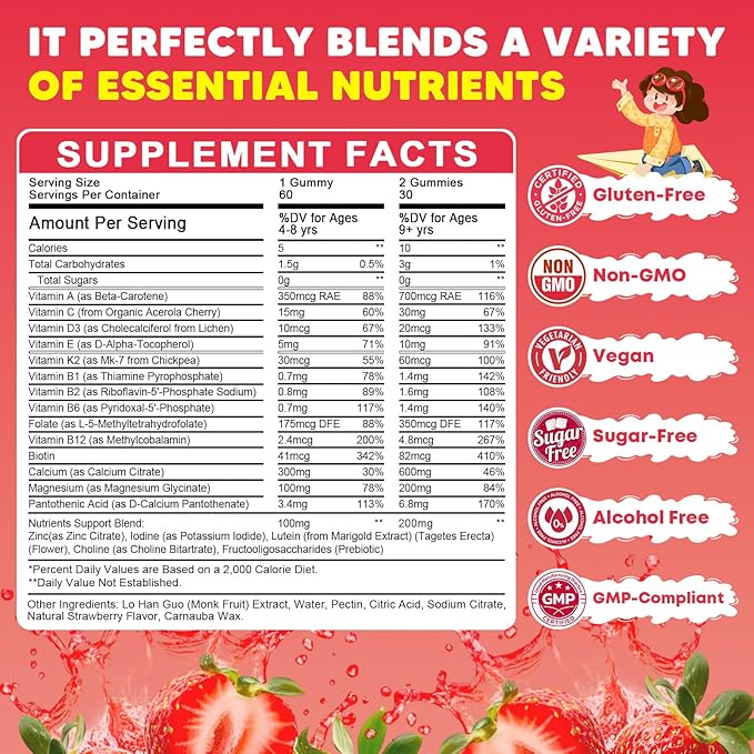 (2 Pack) Sugar Free Calcium Multivitamin Gummies for Kids with Methyl B12 & Methylfolate, Calcium, Vitamins C, D, A, B1, B2, B6, Biotin, Magnesium - Nutritional, Immune, Bone Support, 120 Ct
