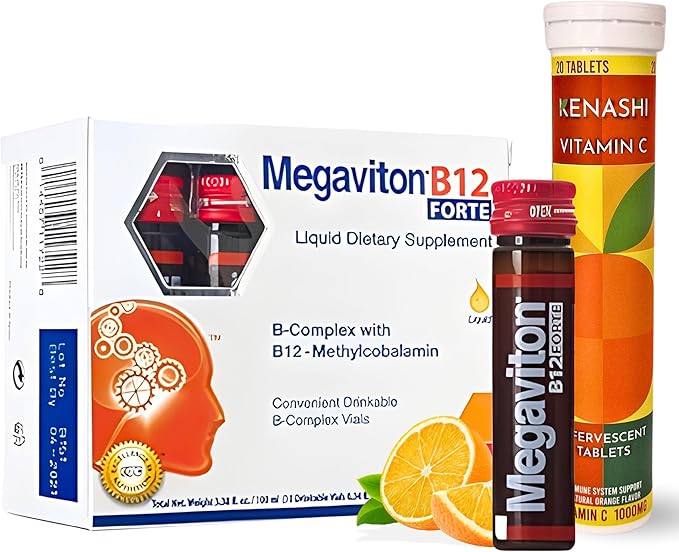 Vitamin B12 Methylcobalamin Liquid Forte 10 Drinkable Vials + Kenashi Vitamin C Effervescent Tablets with Zinc 1000mg Orange Flavor | Vitamin B12 Liquid Energy Boost