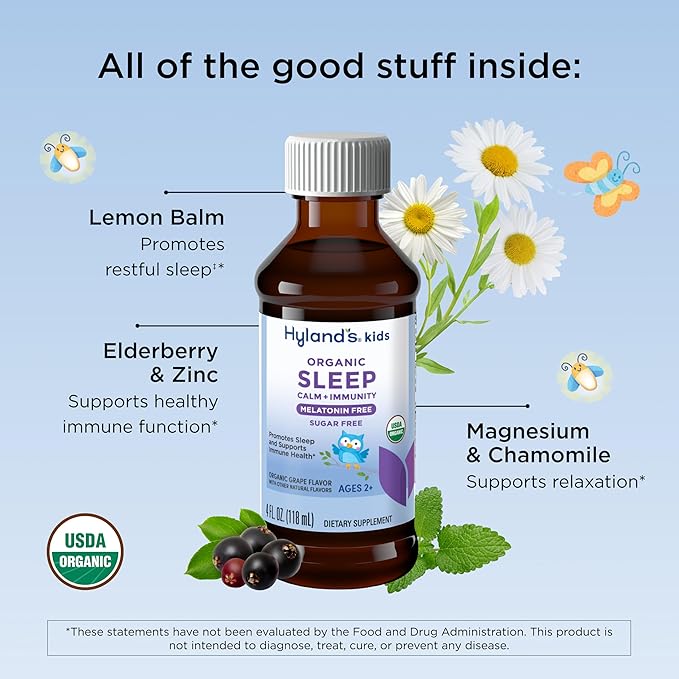 Hyland's Kids Melatonin-Free Organic Sleep Calm & Immunity Liquid, Sugar-Free with Magnesium, Vitamin D, Zinc & Elderberry, Promotes Sleep & Supports Immune Health, Ages 2+, Grape Flavor, 4 Fl. Oz.