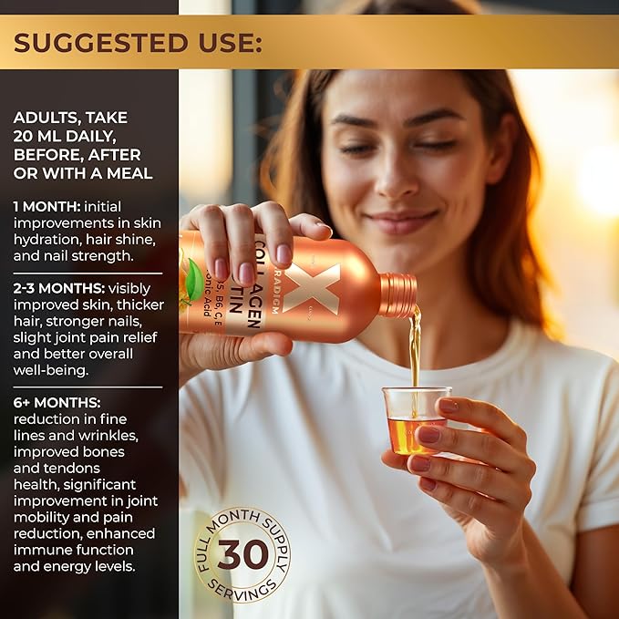 Liquid Collagen Peptides with Biotin & Hyaluronic Acid - Hydrolyzed Bovine Collagen Type 1 and 3, Biotin 10000mcg, Vitamins B5, B6, C & E - Orange Flavor