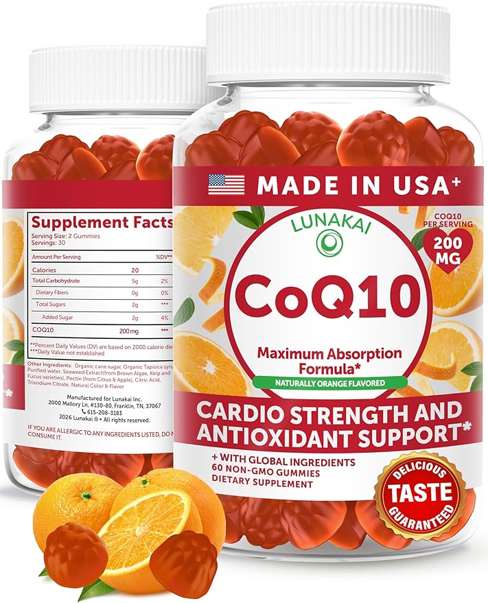 Lunakai USA Made CoQ10 Gummies for Adults – 200mg High Potency Coenzyme Q10 Supplement for Daily Heart, Energy & Antioxidant Support for Women & Men, Non-GMO, 60ct