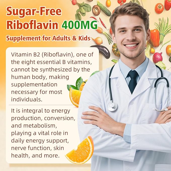 2 Pack Vitamin B2 Gummies - Riboflavin 400mg for Kids & Adults, Migraine Relief & Headache Relief, Vegan, Sugar-Free, Orange Flavor, 120 Gummies