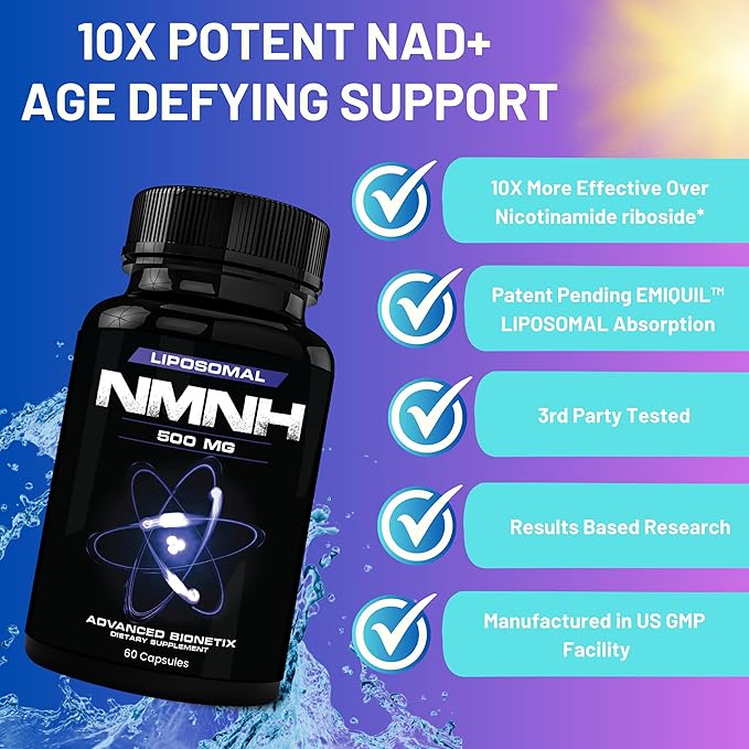 Advanced Bionetix Liposomal NMNH 500mg Per Serving -NMN Supplement Alternative- 60 Capsules (Dihydronicotinamide Mononucleotide) NAD Supplement to Boost NAD+ Levels for Anti Aging (60)