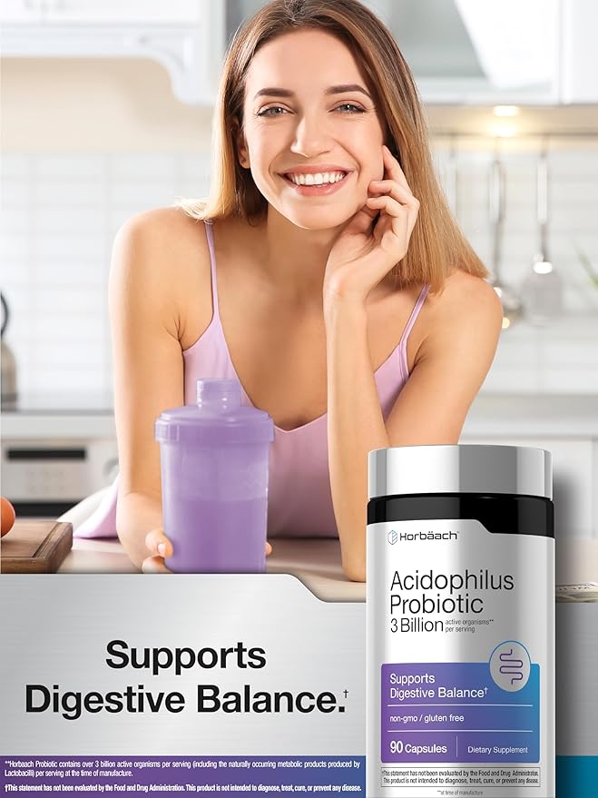 Horbäach Probiotic for Women & Men's Digestive Health | 3 Billion CFU | 90 Capsules | Non-GMO & Gluten Free