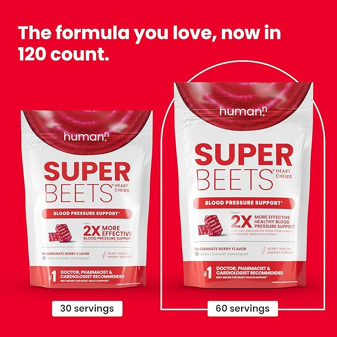 Humann SuperBeets Heart Chews, Beet Root Powder Support Energy Supplement, Nitric Oxide and Blood Pressure Support, Grape Seed Extract & Non-GMO, Heart Health, Pomegranate Berry Flavor, 120 Count