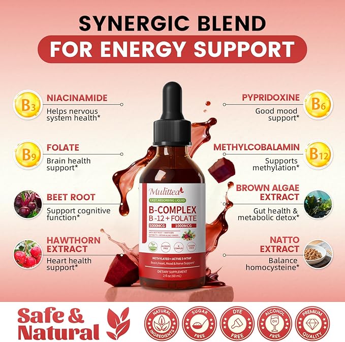 Methylated B Complex - 5000 mcg Methylcobalamin B12 & 5-MTHF Folate 1000 mcg - Vitamin B Complex Liquid Drops with B3, B6, Beetroot, Hawthorn - Energy, Focus, Heart & Brain, Sugar-Free, 2 Fl Oz