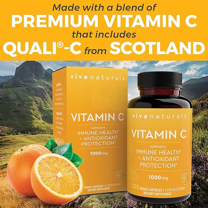 Viva Naturals Vitamin C, 1000 mg, 250 Vegetarian Capsules – with Citrus Bioflavonoids & Rose HIPS, Non-GMO for Immune Support & Antioxidant Protection