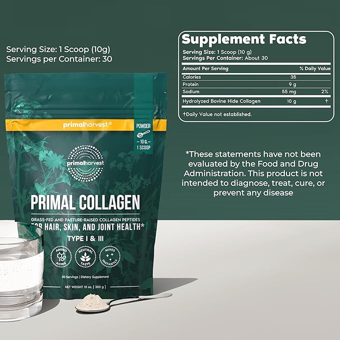 Primal Harvest Collagen Powder for Women or Men Primal Collagen Peptides Powder Type I & III, 10 Oz Collagen Protein Powder for Hair, Skin, Nails (Single, Original)