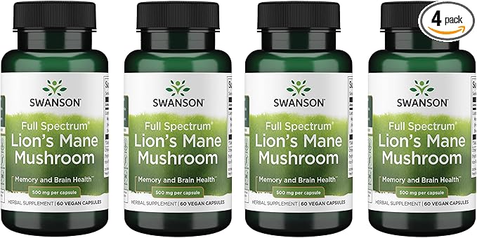 Swanson Lion's Mane Mushroom Brain Health Supplement for Professionals Seeking Mental Focus, Memory, and Clarity Support - 500 mg (60 Vegan Capsules, 4 Bottles, 4 Pack)