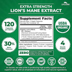 Zazzee USDA Organic Lion's Mane 20:1 Extract, 1000 mg Per Serving, 30% Beta Glucans, 120 Vegan Capsules, Nootropic for Brain Health, Focus, Memory & Immune Support, All-Natural, Non-GMO, Made in USA