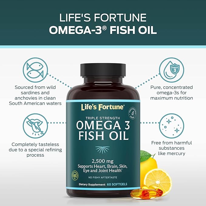 Life's Fortune Fish Oil Omega 3 Concentrate Supplement 2500 mg, 60 Softgels, High Potency, EPA & DHA Fatty Acid - Heart, Brain, Skin, Joints - Non GMO