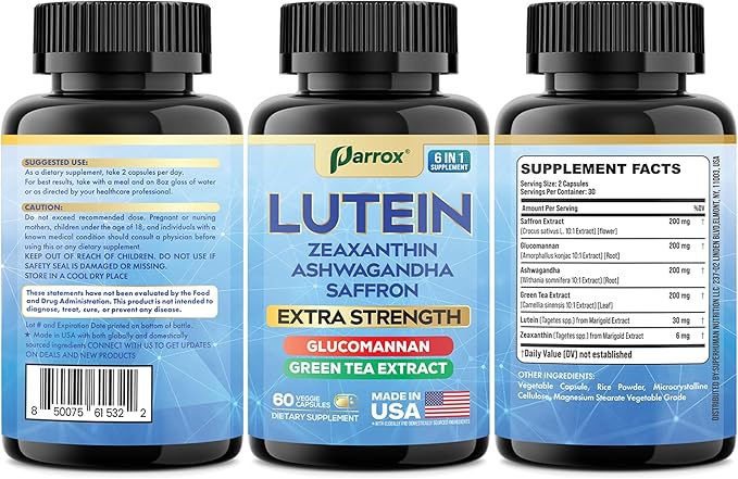Lutein Supplement with Zeaxanthin, Ashwagandha, Saffron, Green Tea Extract, Glucomannan, Eye Vitamins for Adults, Vision Health Supplement, Plant-Based Formula for Daily Support (60 Caps)