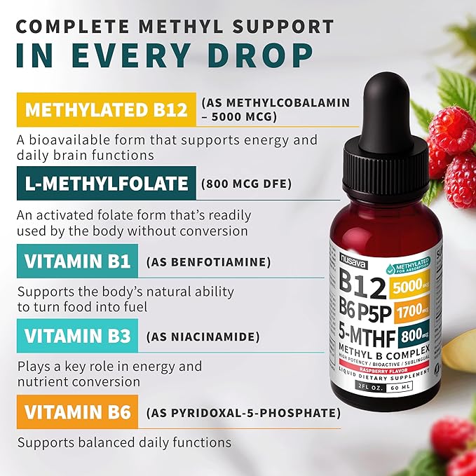 (2-Pack) Methylated B Complex Liquid Drops with Active L-Methylfolate - B12 Sublingual Drops, Vitamin B Complex - Vegan B 12 Vitamin 5000mcg, Non-GMO, Raspberry Flavor, No Sugar, 2 Fl oz, 80 Servings