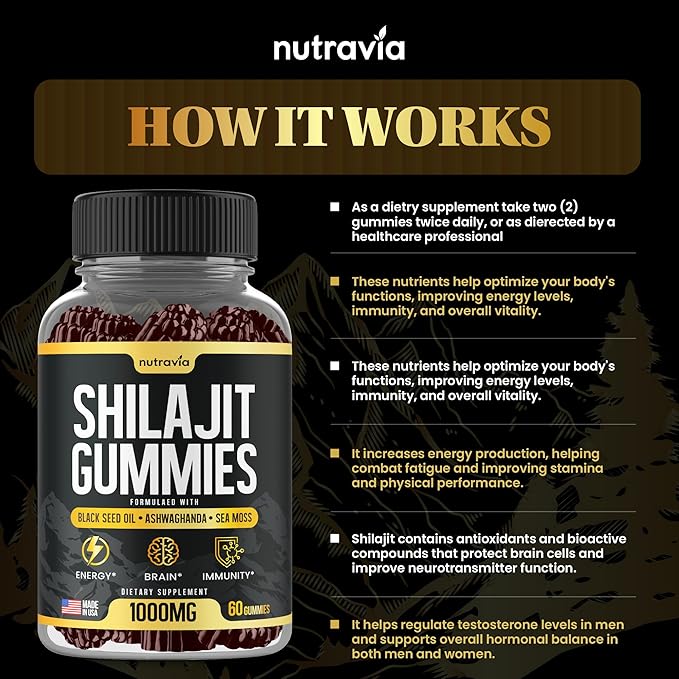 Shilajit Gummies - 3 in 1 with Sea Moss, Black Seed Oil, Ashwagandha - Natural Formula Shilajit Supplement 85+ Trace Minerals, Pure Himalayan Shilajit Gold Gomitas De Shilajit, USA Made (60 Gummies)