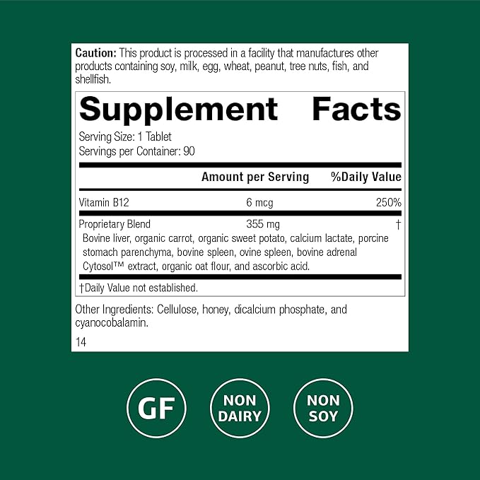Standard Process Cataplex B12 - Vitamin B12 Supplement for Blood Health Support & Nervous System Function - B12 Vitamin Supplement for Well-Being - Gluten-Free, Non-Dairy & Non-Soy - 90 Tablets