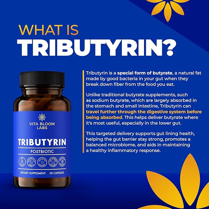 Tributyrin Supplement - Better Delivery & More Effective than Sodium Butyrate - Gut Health & Digestive Support - 3-in-1 Butyrate Postbiotics for Leaky Gut & Gut Barrier Support - 30 Capsules