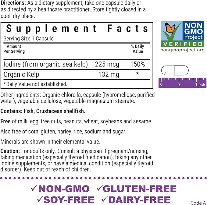 Bluebonnet Nutrition Atlantic Sea Kelp Iodine 225 mcg - Organically Grown U.S. Sea Kelp - Non-GMO Project Verified, Gluten-Free, Soy-Free, Dairy-Free - 120 Vegetable Capsules