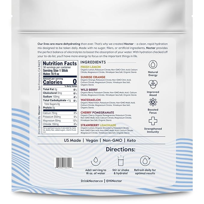 Nectar Hydration Packets - Electrolytes Powder Packets - Sugar Free & 0 Calorie - Organic Fruit Liquid Daily IV Hydrate for Dehydration Relief & Rapid Rehydration (Passion Fruit 30 Pack)