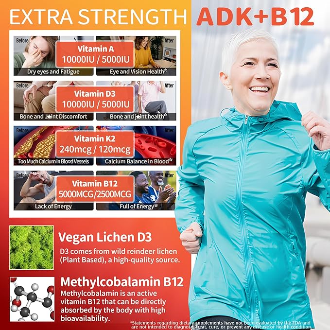Methylated Multivitamin Women Men, Vitamin D3 K2 5000IU / 10,000IU, B12 5000 mcg 2500mcg, K2 (MK-7) 240mcg- ADK+Methyl Vitamin B12, Vegan D3,Vitamin A,C,Zinc Eye,Bone,Energy,Immune, Sugar-Free Gummies