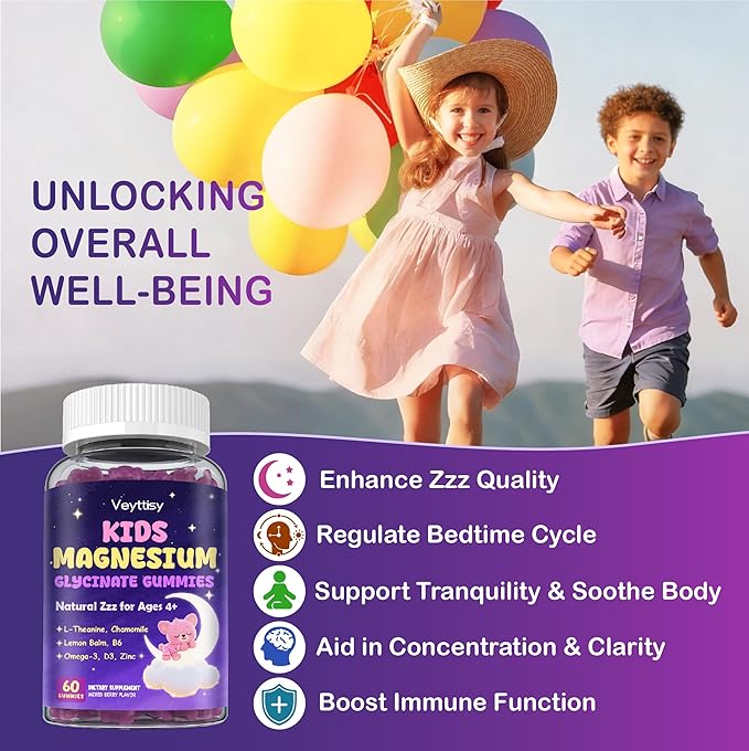 Magnesium Glycinate Gummies for Kids 4+: Sugar Free Magnesium Bisglycinate Gummy with Chamomile, L-Theanine, Lemon Balm, B6, Omega 3, Zinc - Gluten Free, Non-GMO, Vegan, Mixed Berry Flavor
