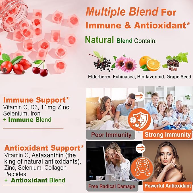 Natural Liposomal Vitamin C 1000mg Gummies for Adults & Kids 9+, Vitamin C w/ 11mg Zinc, D3, Elderberry, Echinacea, Bioflavonoid, Immune Support, Whole Food VIT C from Fruits, Sugar Free, 2 Pack