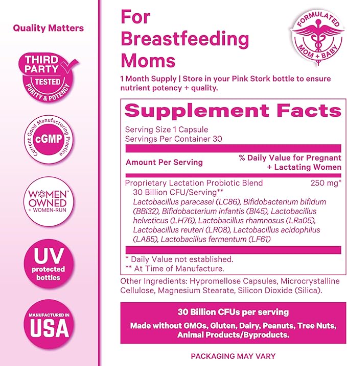 Pink Stork Lactation Probiotic - 30 Billion CFUs Multi-Strain Postnatal Probiotics for Breastfeeding Women - Supports Breast Milk and Gut Health, Postpartum Essentials, Mint Essence, 30 Capsules